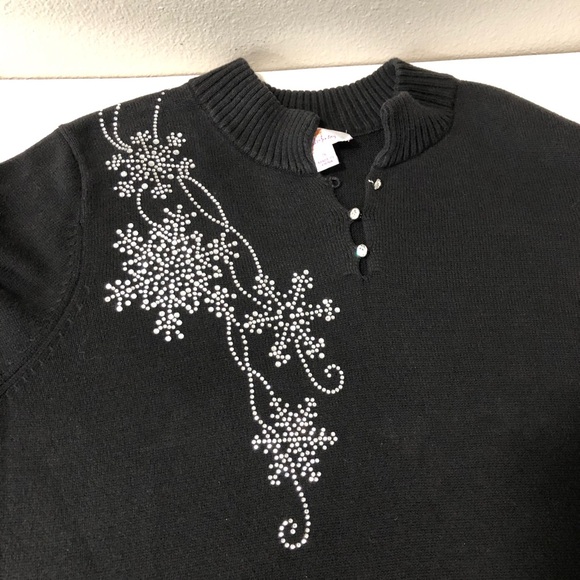 Quacker Factory Let It Snow Rhinestone Snowflakes Knit Black Sweater Top 1X - Picture 9 of 15